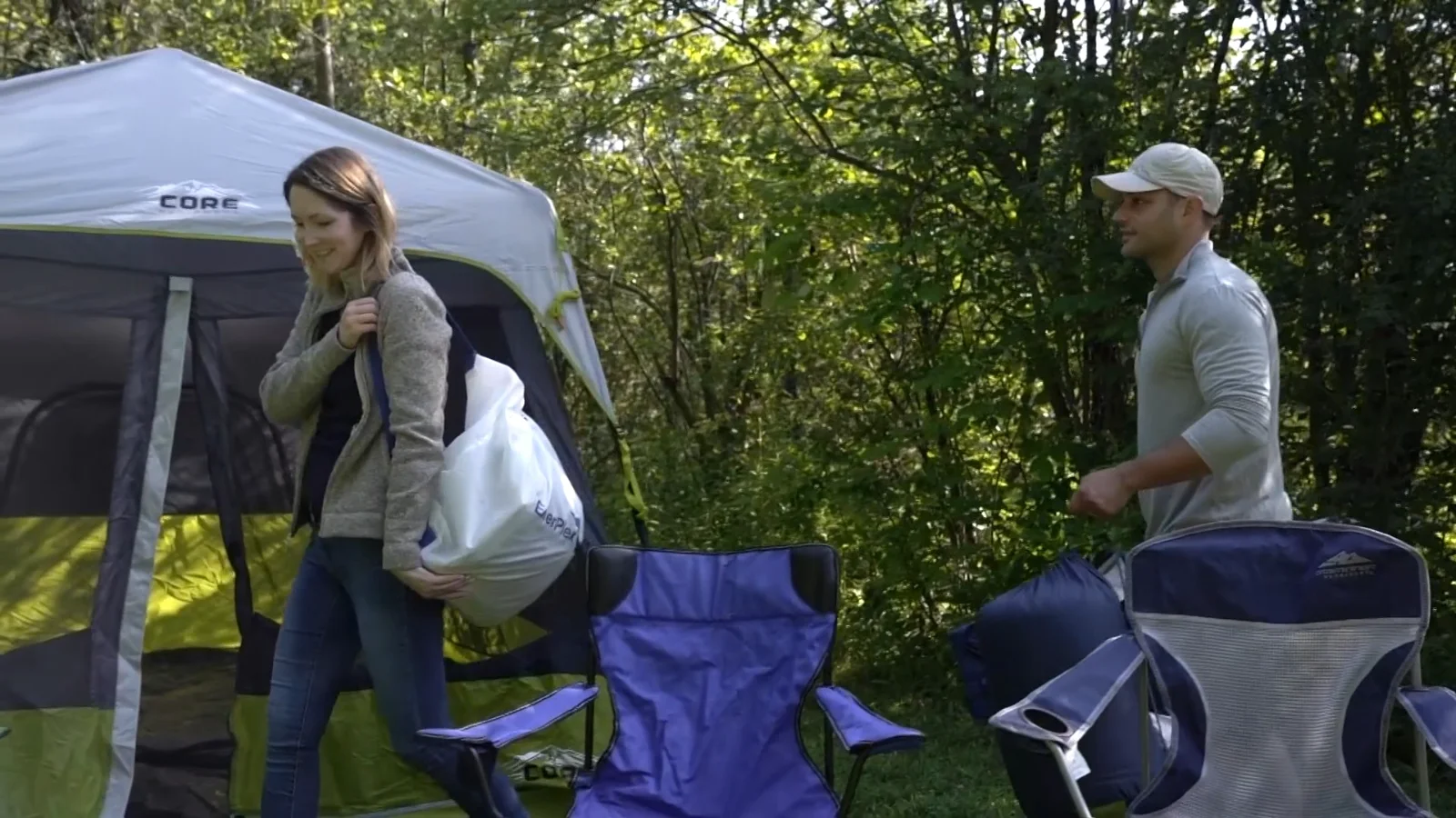 Camp setup: the pump runs off the car adapter.